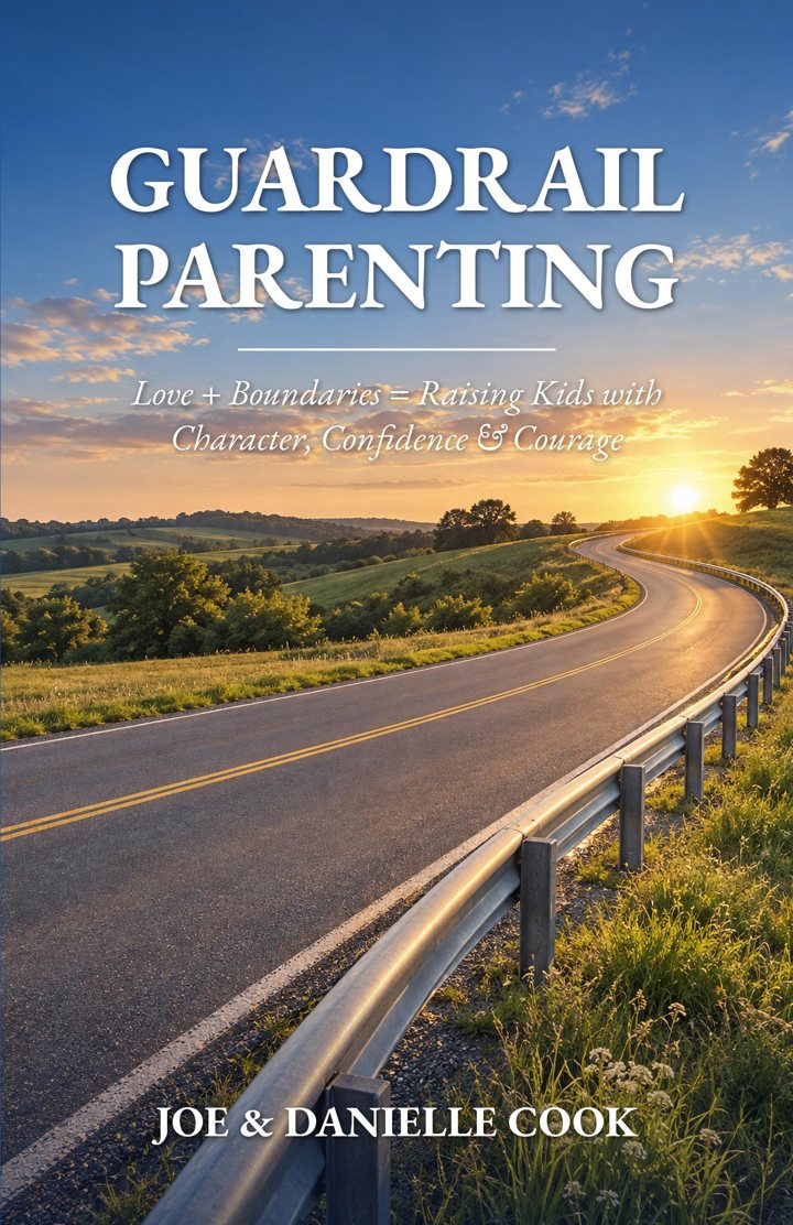 Cover of Guardrail Parenting by Joe and Danielle Cook, showing a winding country road lined by a guardrail at sunset